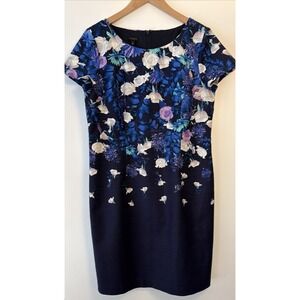 Talbots Women's Navy Blue Floral Sheath Shift Dress Size 14 Knee Length Textured